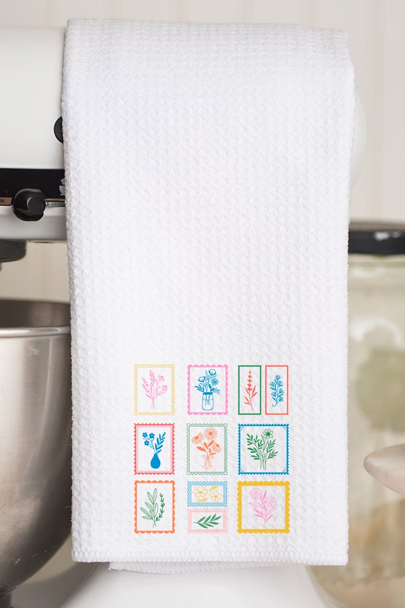 Whimsical Floral Stamps Waffle Kitchen Towel - Wholesale Accessory Market