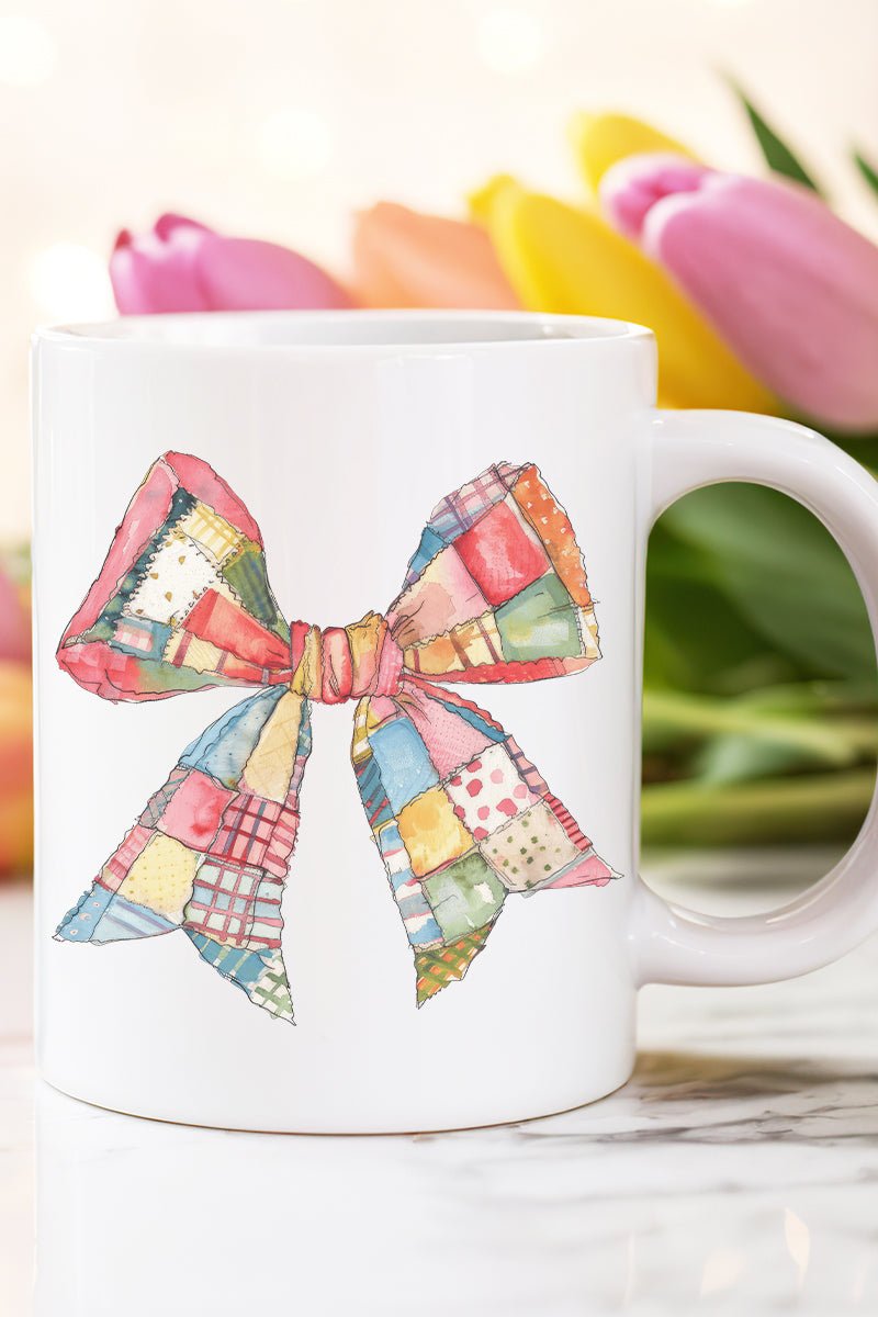 Faux Patchwork Quilt Stripe Bow Ceramic Mug - Wholesale Accessory Market