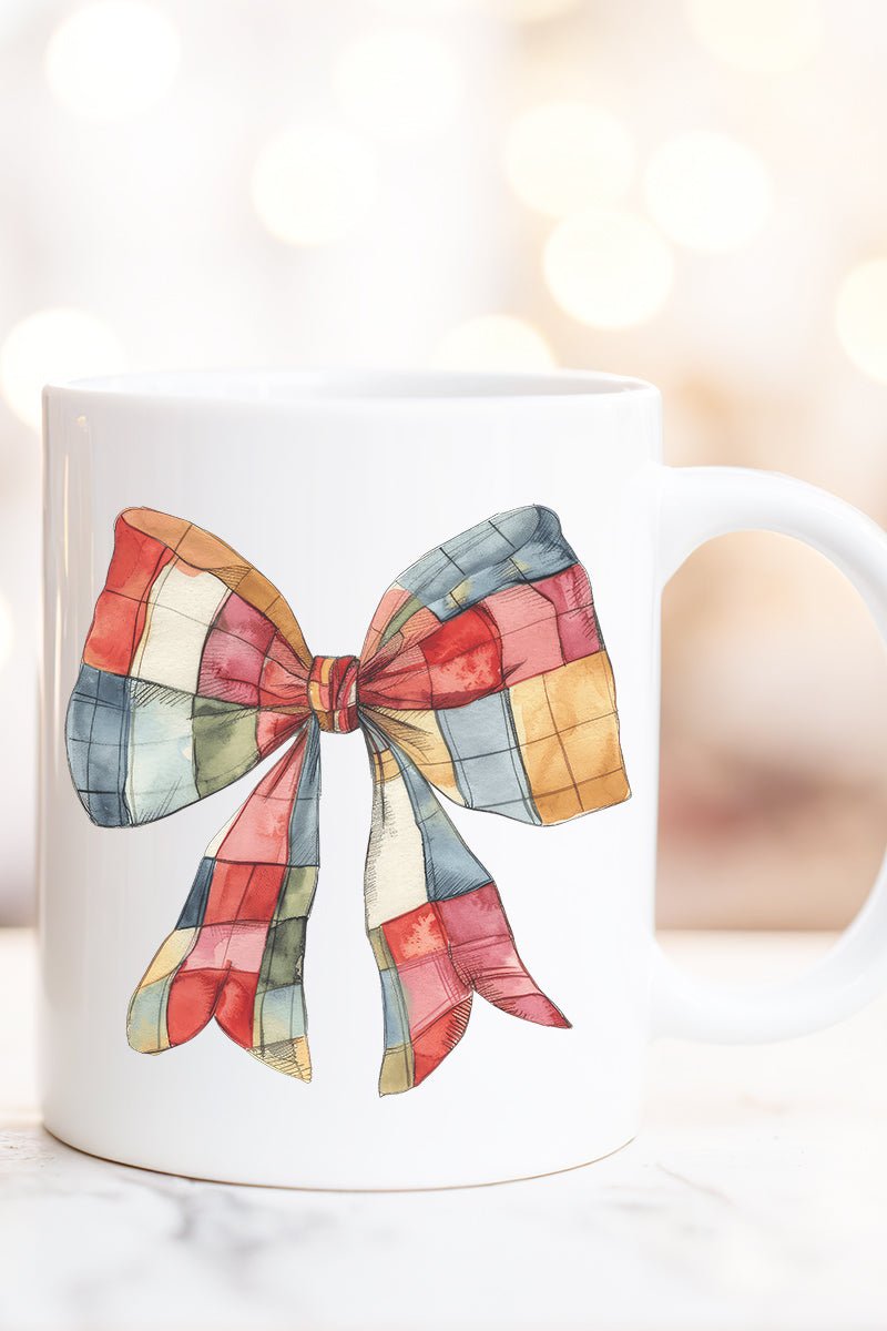 Faux Patchwork Red Bow Ceramic Mug - Wholesale Accessory Market