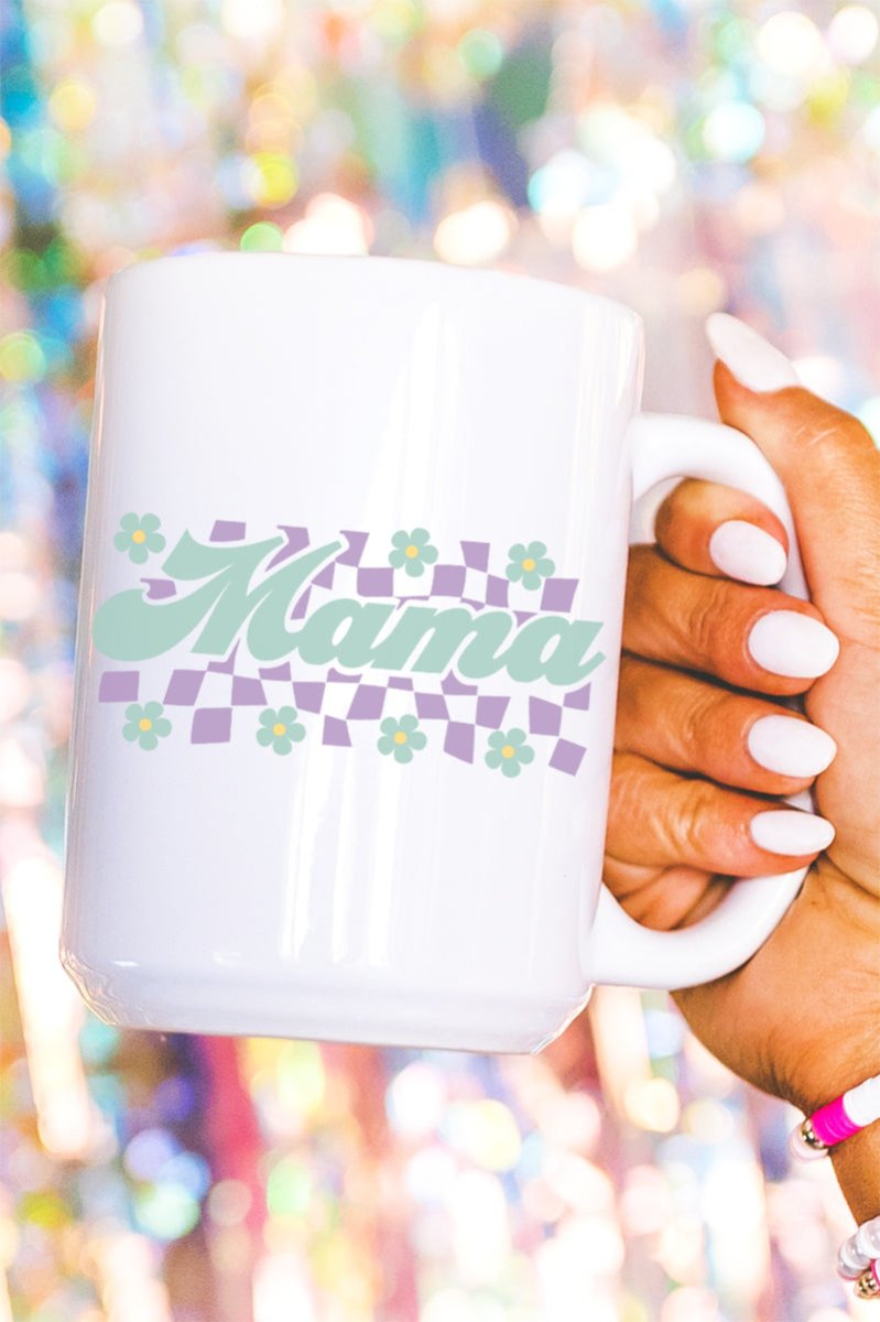 Teal Checkered Daisy Mama Ceramic Mug - Wholesale Accessory Market
