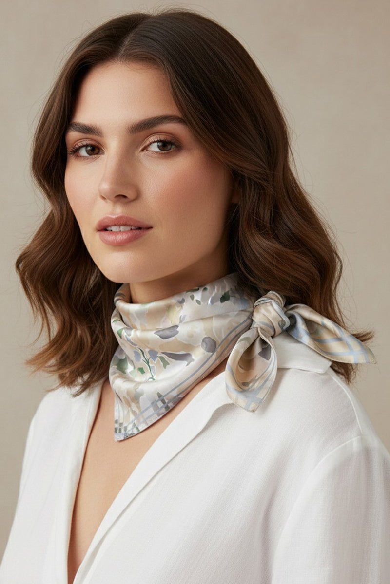Brushstroke Blooms Beige Square Satin Scarf - Wholesale Accessory Market