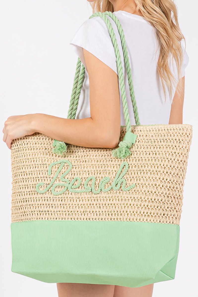 Beach Rope Text Green Tote Bag - Wholesale Accessory Market