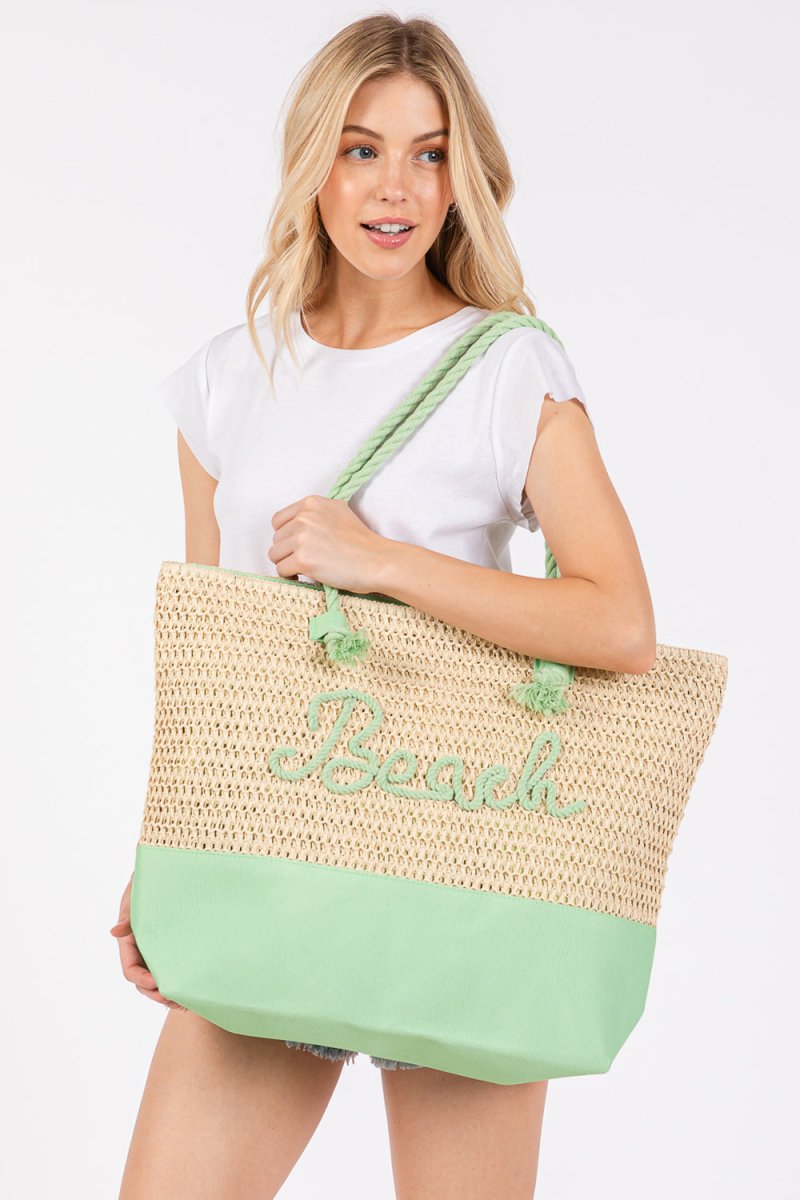 Beach Rope Text Green Tote Bag - Wholesale Accessory Market