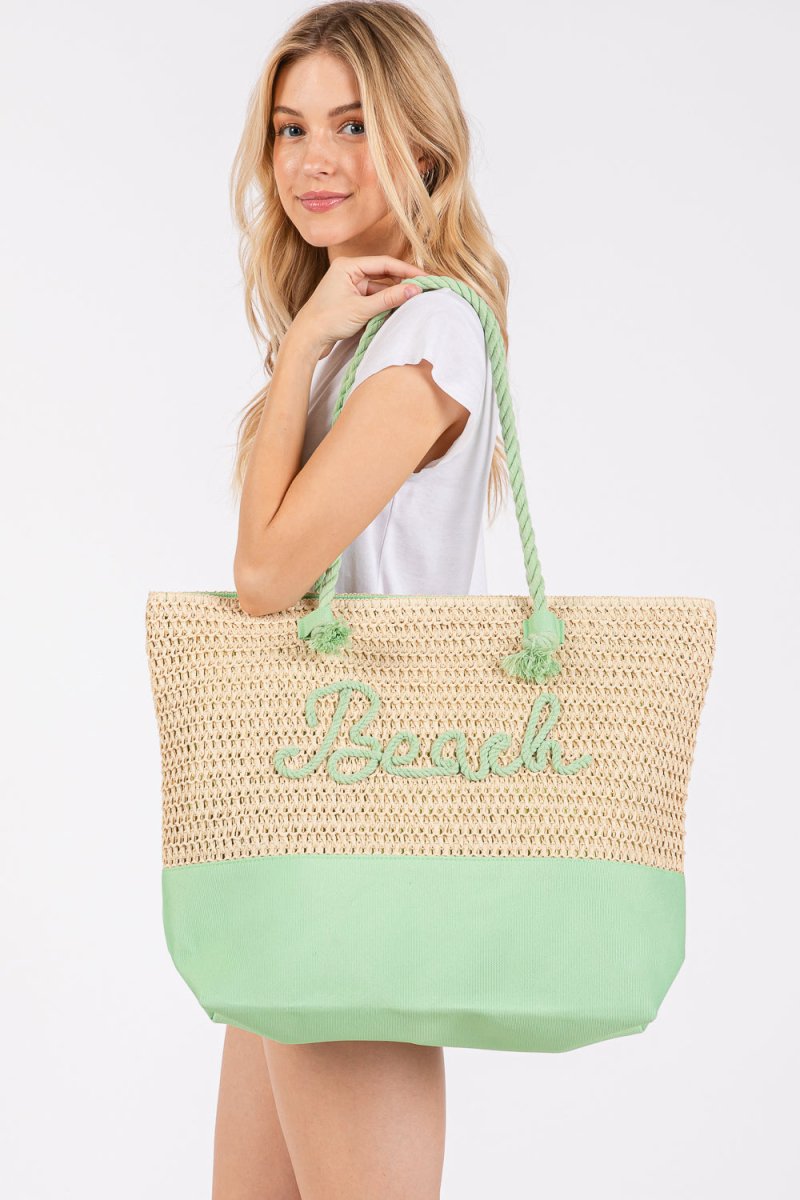 Beach Rope Text Green Tote Bag - Wholesale Accessory Market