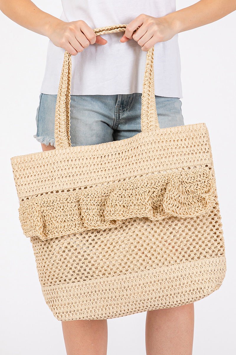 Sunny Getaway Beige Ruffle Crochet Straw Tote Bag - Wholesale Accessory Market