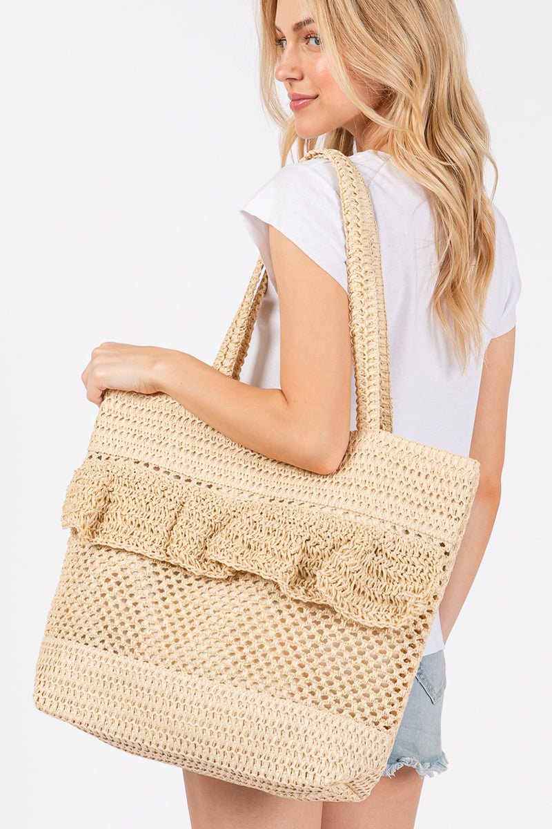 Sunny Getaway Beige Ruffle Crochet Straw Tote Bag - Wholesale Accessory Market