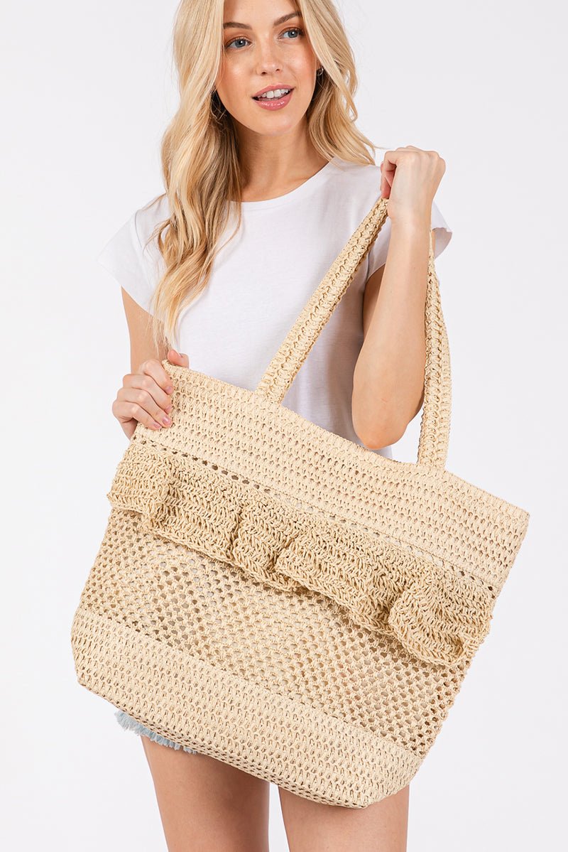 Sunny Getaway Beige Ruffle Crochet Straw Tote Bag - Wholesale Accessory Market