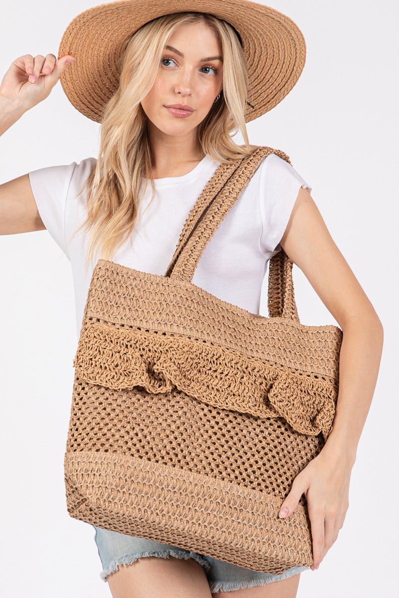 Sunny Getaway Taupe Ruffle Crochet Straw Tote Bag - Wholesale Accessory Market