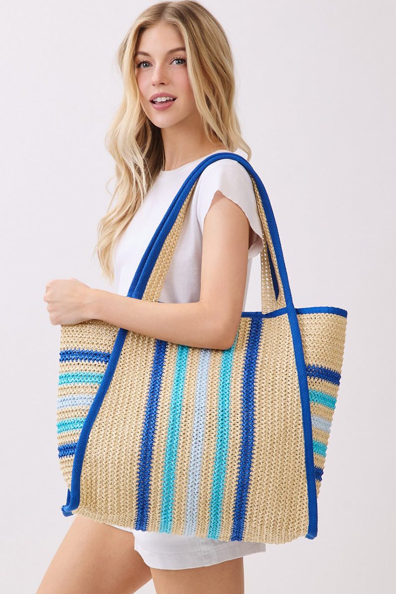 Laguna Stripe Blue Straw Shoulder Tote - Wholesale Accessory Market