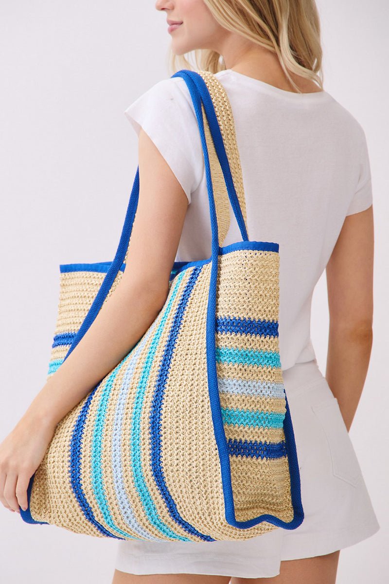 Laguna Stripe Blue Straw Shoulder Tote - Wholesale Accessory Market