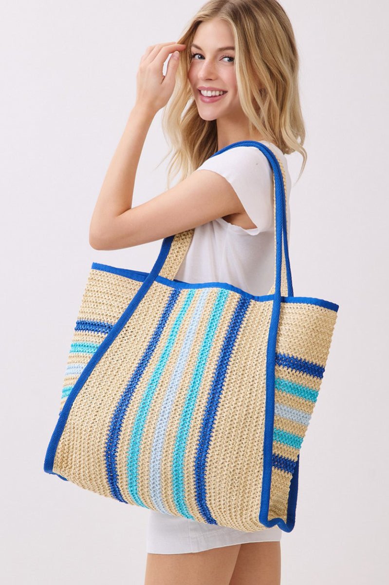 Laguna Stripe Blue Straw Shoulder Tote - Wholesale Accessory Market