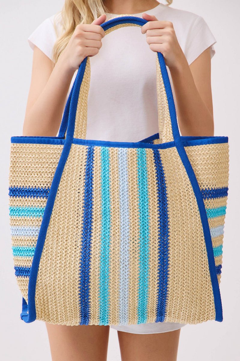 Laguna Stripe Blue Straw Shoulder Tote - Wholesale Accessory Market
