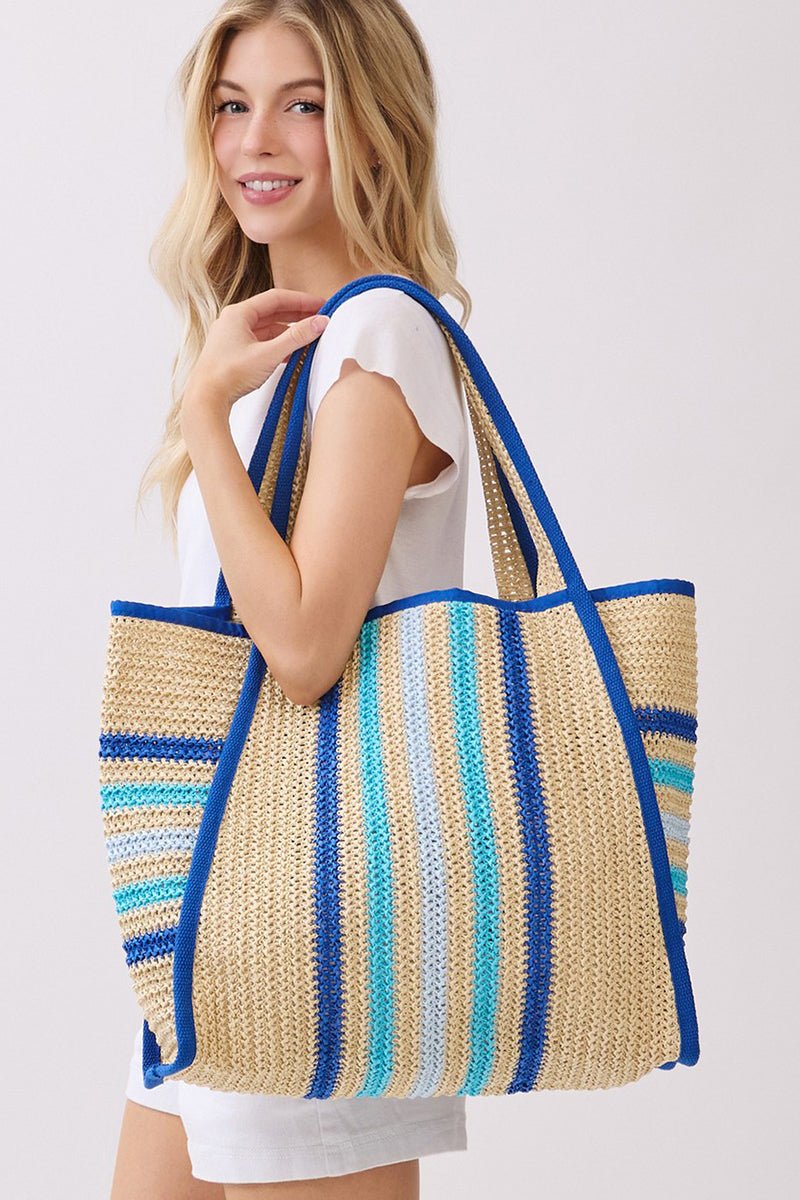 Laguna Stripe Blue Straw Shoulder Tote - Wholesale Accessory Market