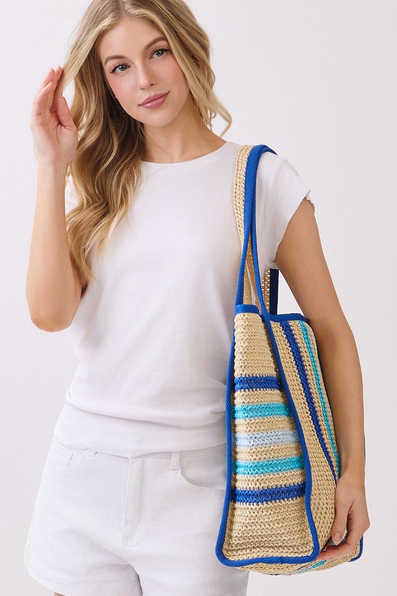 Laguna Stripe Blue Straw Shoulder Tote - Wholesale Accessory Market