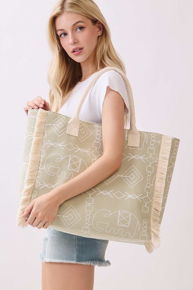 Indira Olive Elephant Fringe Tote - Wholesale Accessory Market