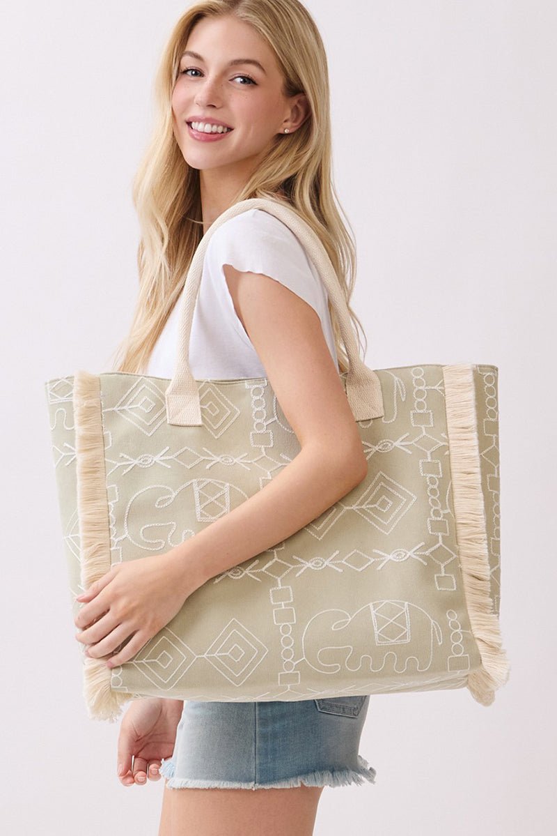 Indira Olive Elephant Fringe Tote - Wholesale Accessory Market