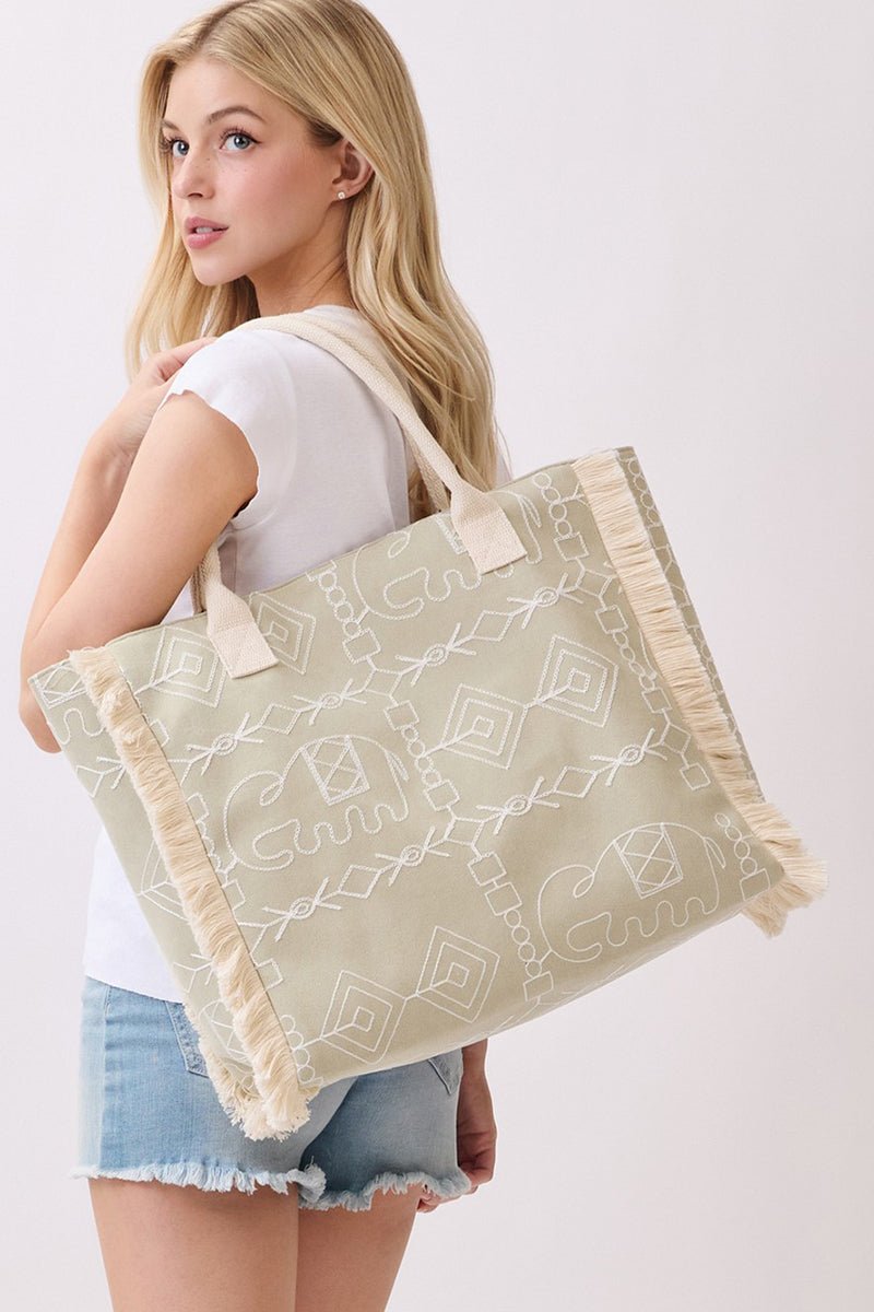 Indira Olive Elephant Fringe Tote - Wholesale Accessory Market