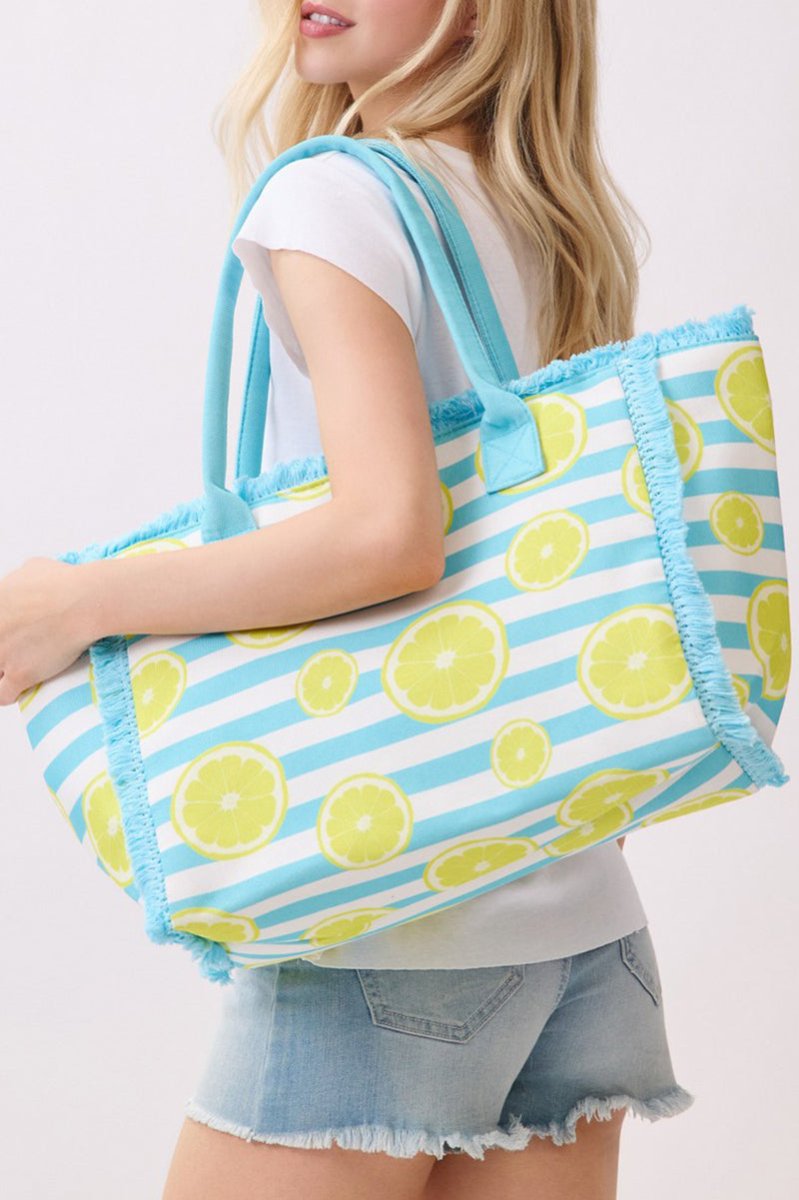 Lemon Drop Fringe Blue Striped Tote - Wholesale Accessory Market