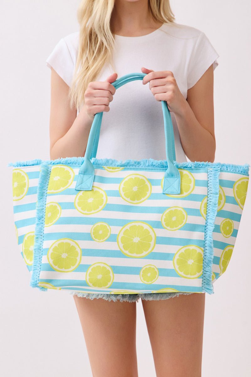 Lemon Drop Fringe Blue Striped Tote - Wholesale Accessory Market
