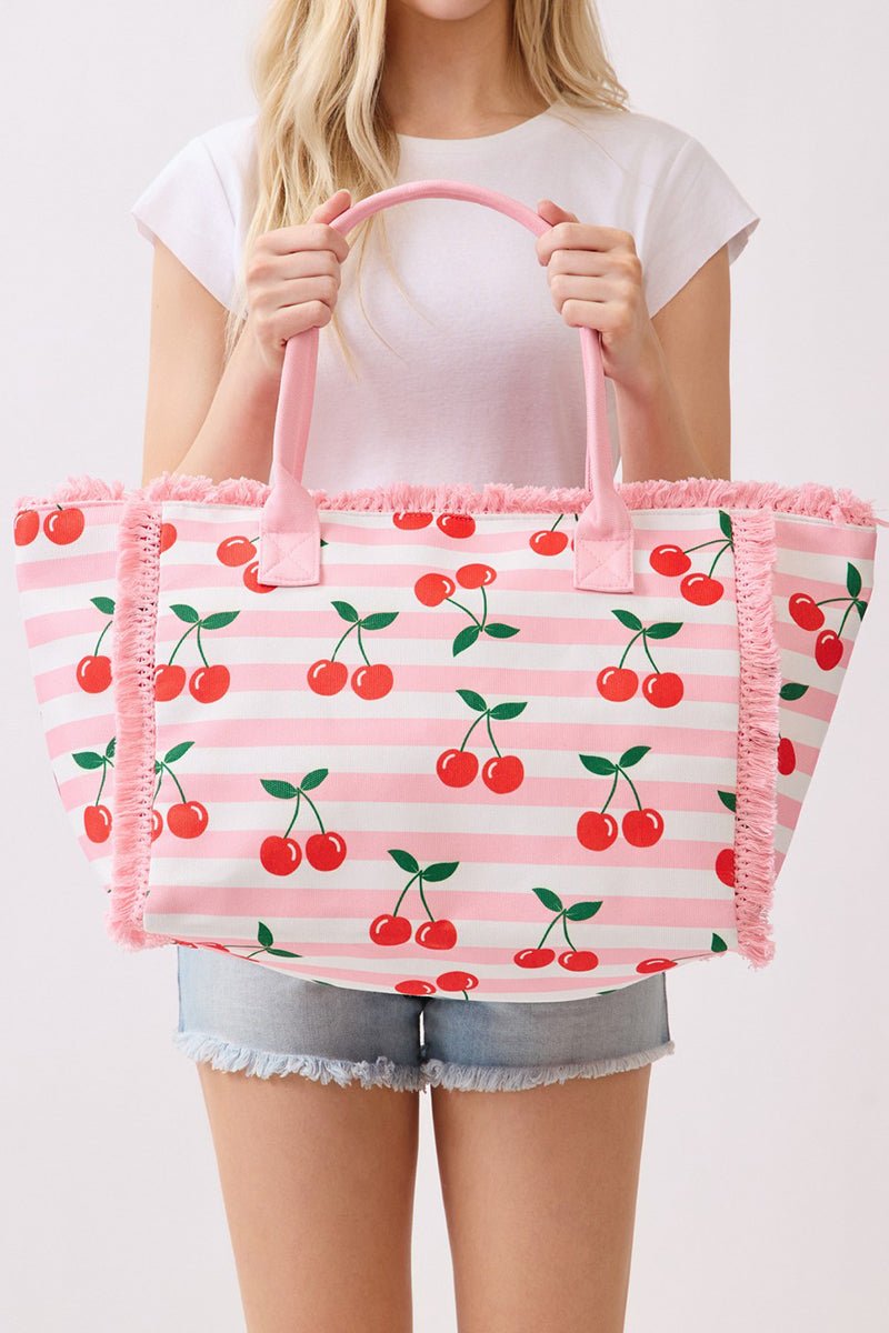Cherry Crush Fringe Pink Striped Tote - Wholesale Accessory Market