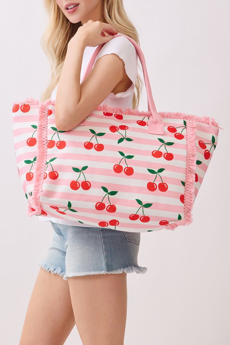Cherry Crush Fringe Pink Striped Tote - Wholesale Accessory Market