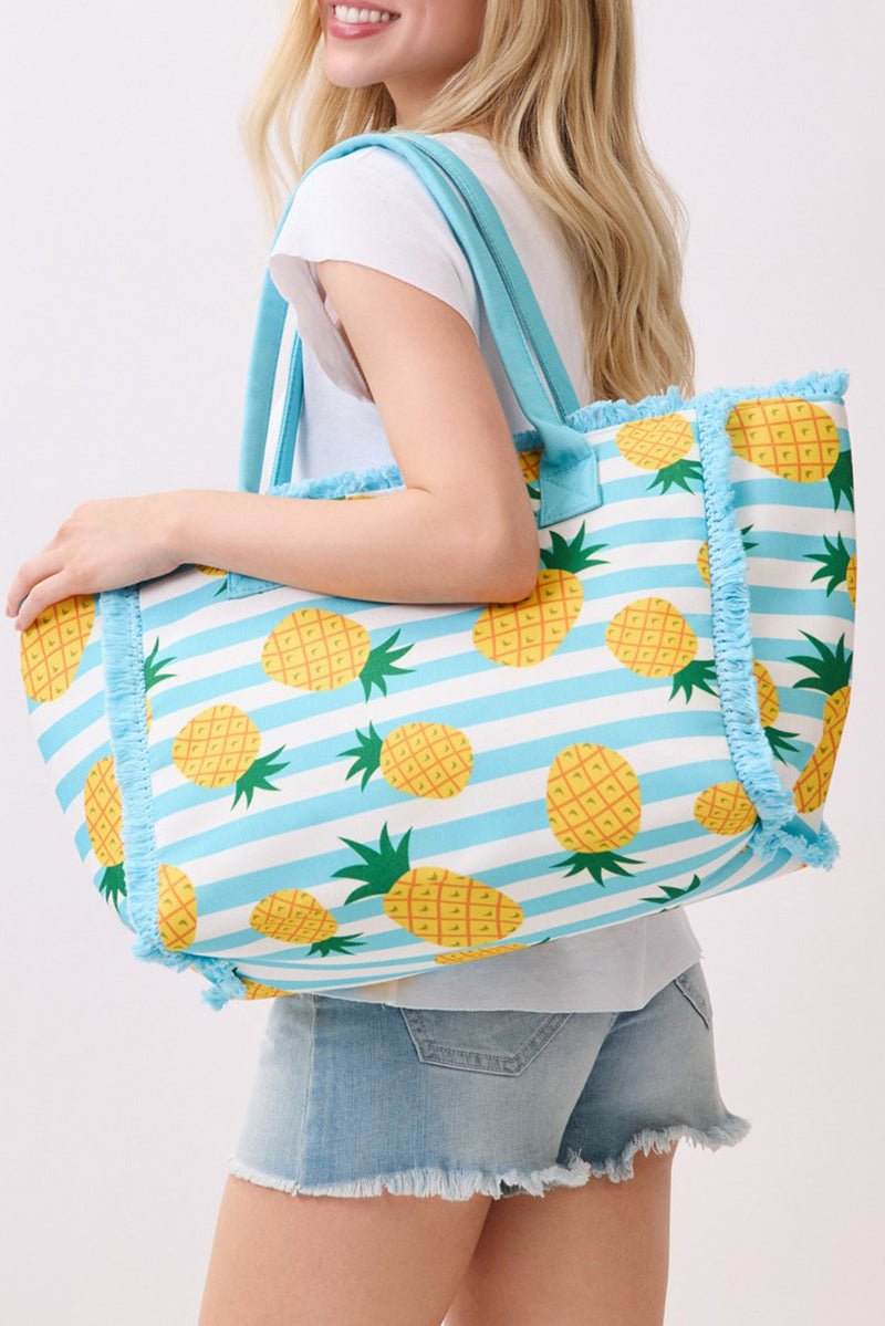 Pineapple Punch Fringe Blue Striped Tote - Wholesale Accessory Market