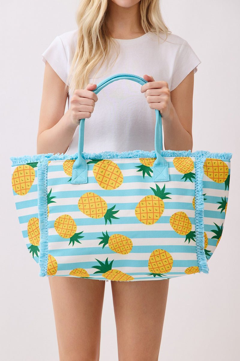 Pineapple Punch Fringe Blue Striped Tote - Wholesale Accessory Market