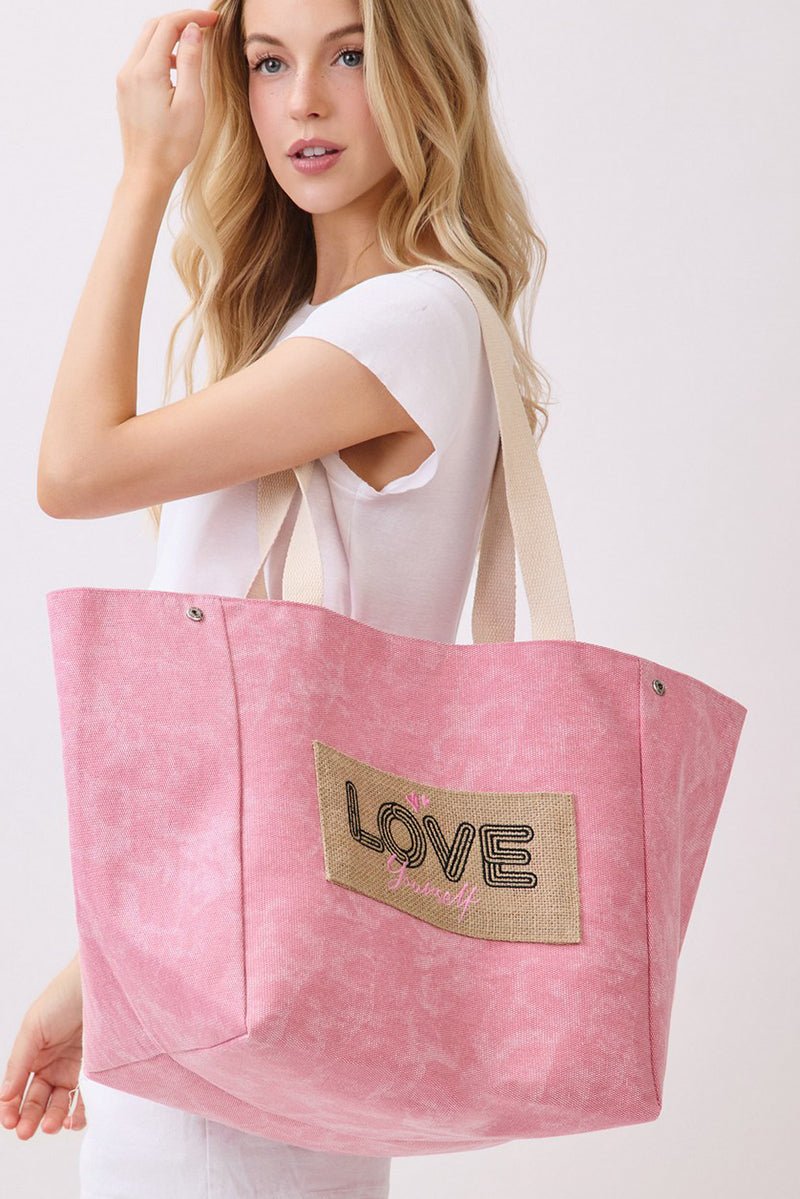 Love Yourself Patch Pink Canvas Cinch Tote - Wholesale Accessory Market