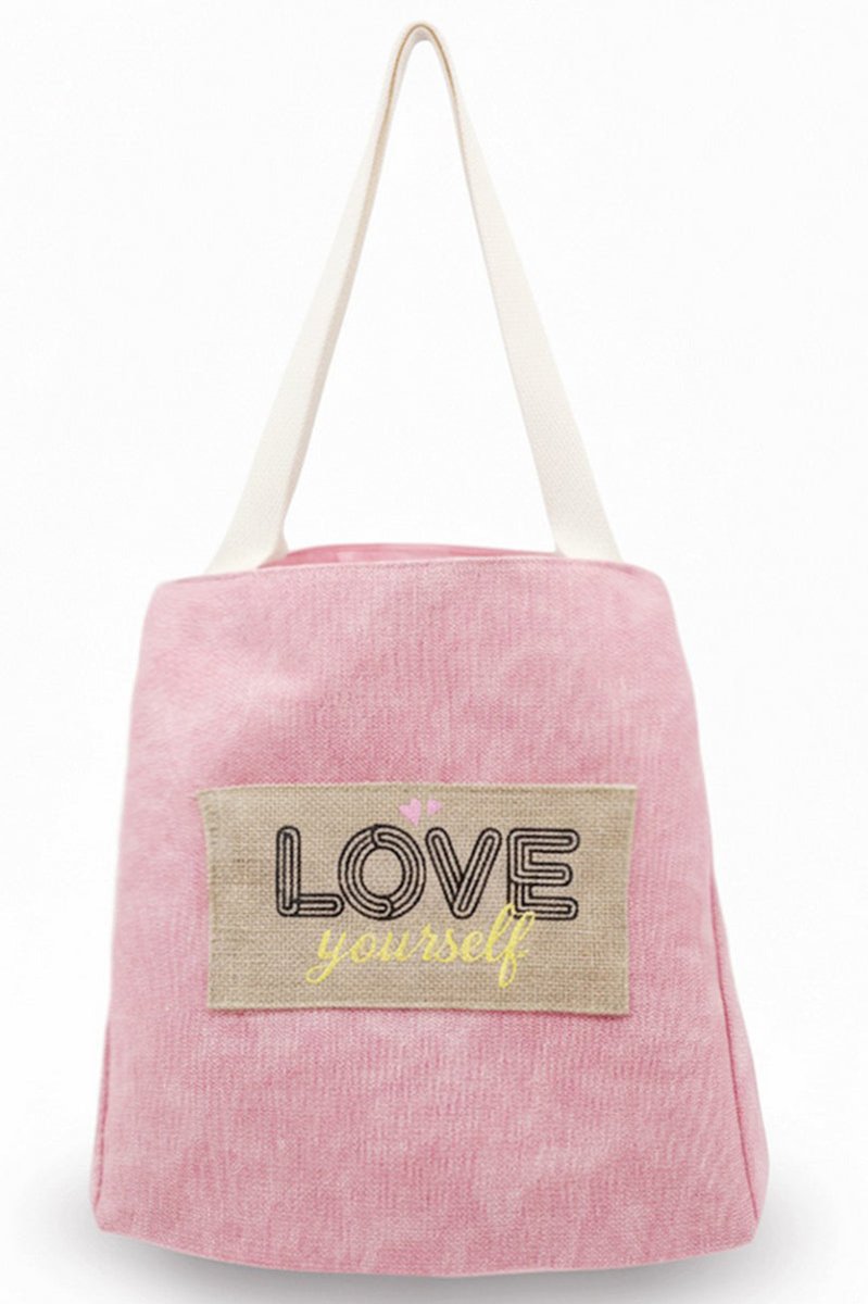 Love Yourself Patch Pink Canvas Cinch Tote - Wholesale Accessory Market