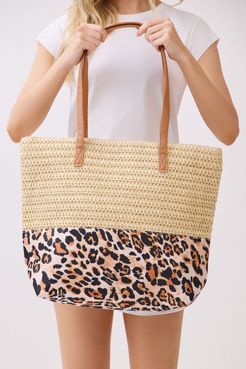 City to Coast Beige Straw and Leopard Tote Bag - Wholesale Accessory Market