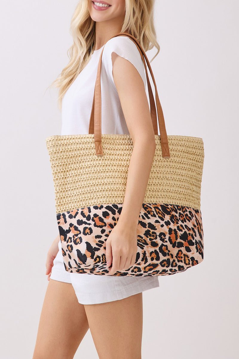 City to Coast Beige Straw and Leopard Tote Bag - Wholesale Accessory Market