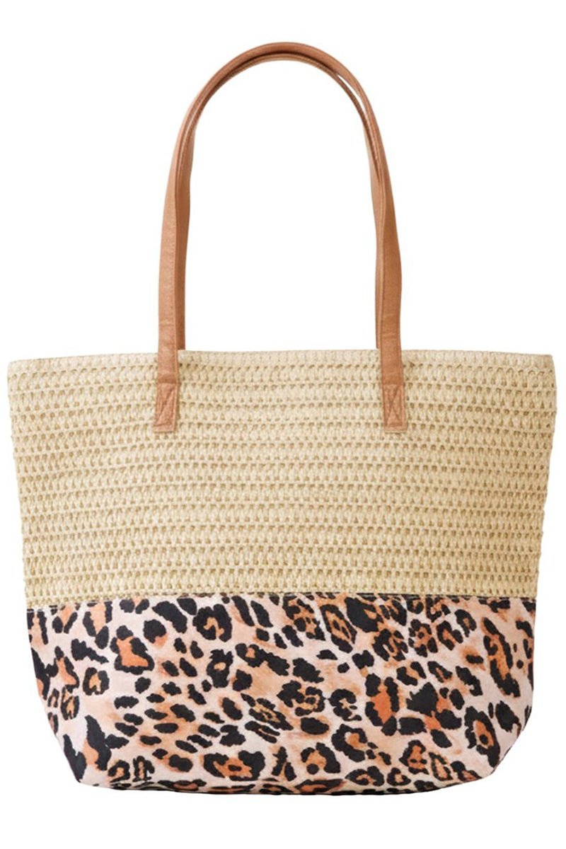 City to Coast Beige Straw and Leopard Tote Bag - Wholesale Accessory Market