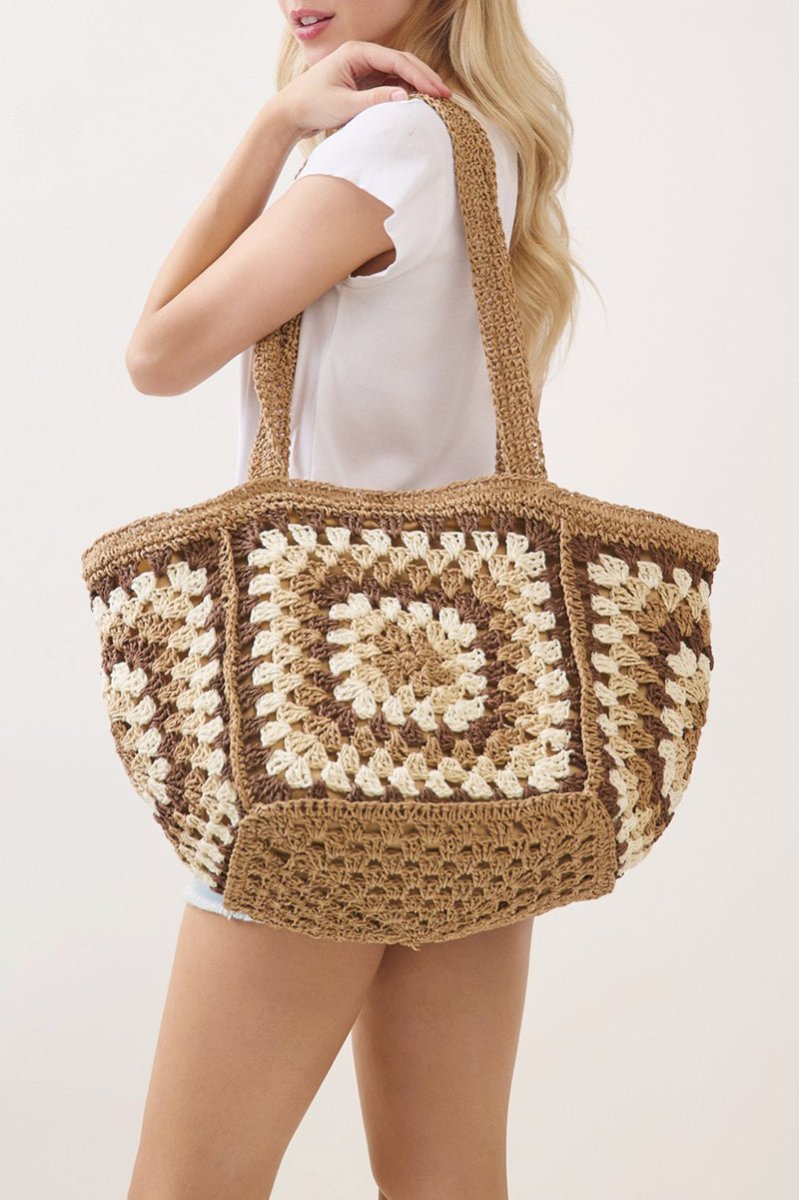 Vintage Taupe Granny Square Tote - Wholesale Accessory Market