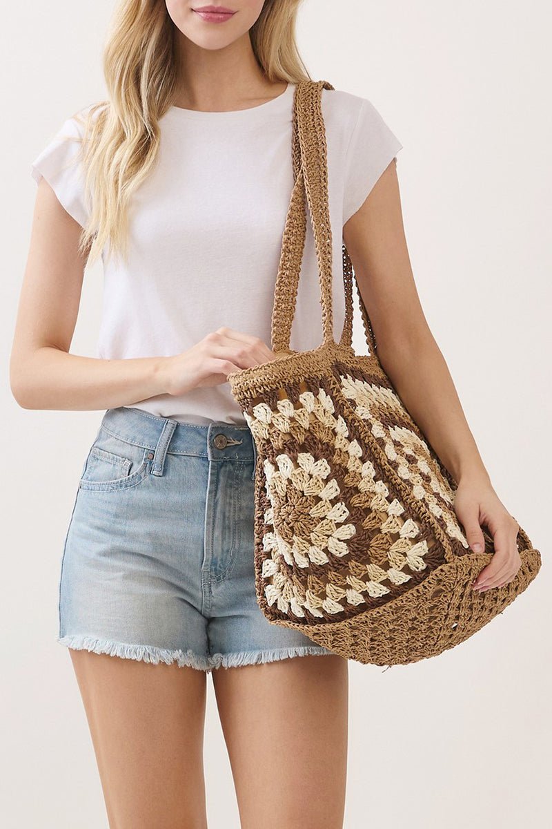 Vintage Taupe Granny Square Tote - Wholesale Accessory Market