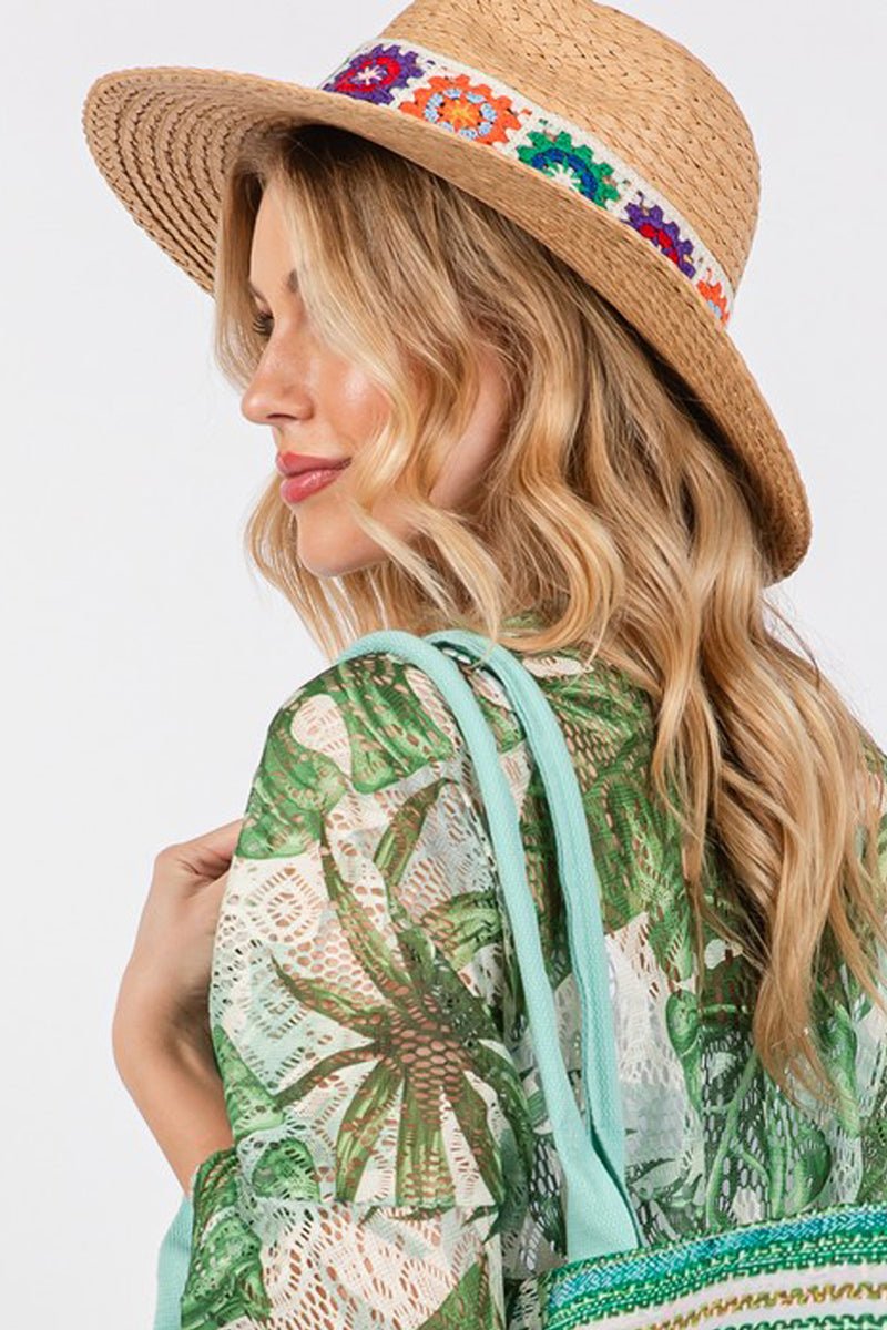 Calla Floral Crochet Band Taupe Straw Hat - Wholesale Accessory Market
