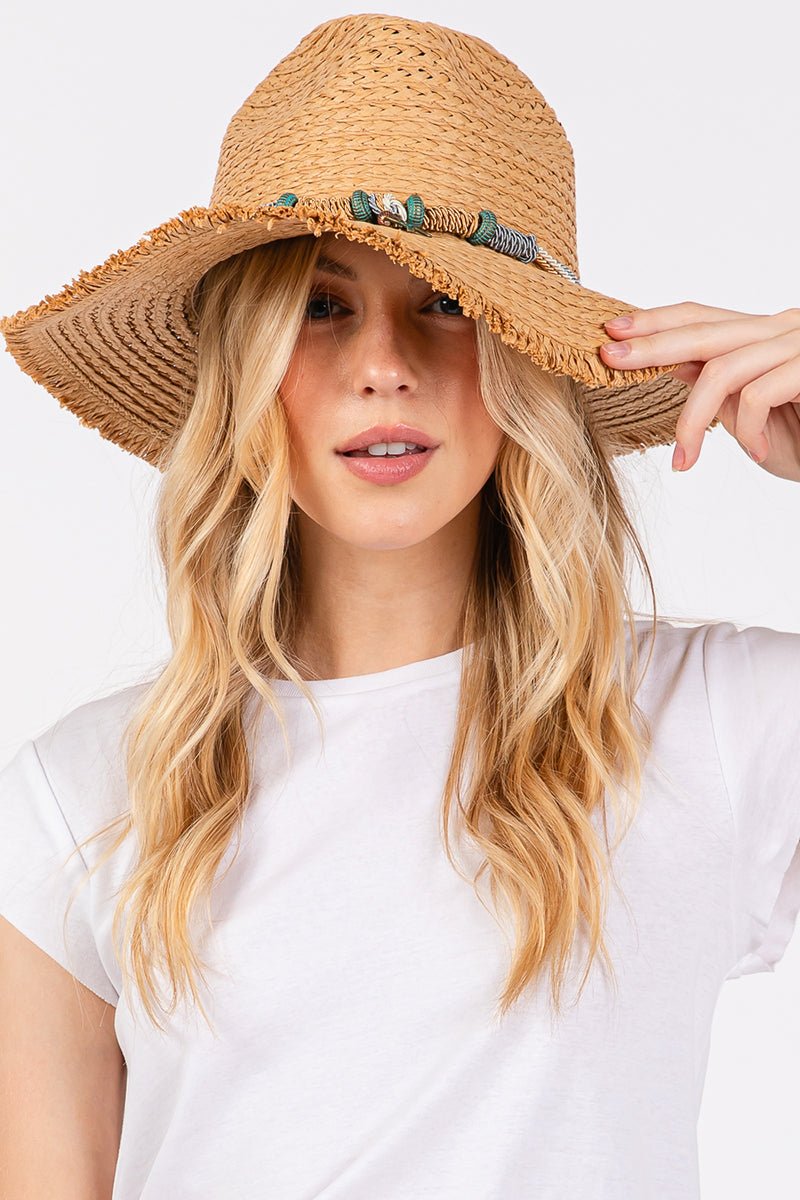 Pelican Bay Starfish Taupe Frayed Straw Hat - Wholesale Accessory Market