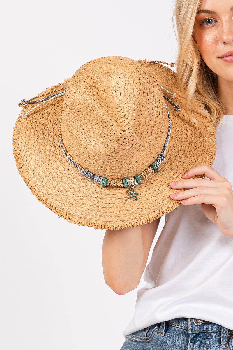 Pelican Bay Starfish Taupe Frayed Straw Hat - Wholesale Accessory Market