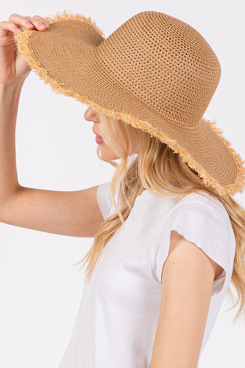 Sunchaser Taupe Frayed Straw Floppy Hat - Wholesale Accessory Market