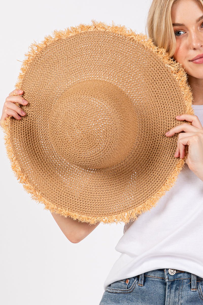 Sunchaser Taupe Frayed Straw Floppy Hat - Wholesale Accessory Market