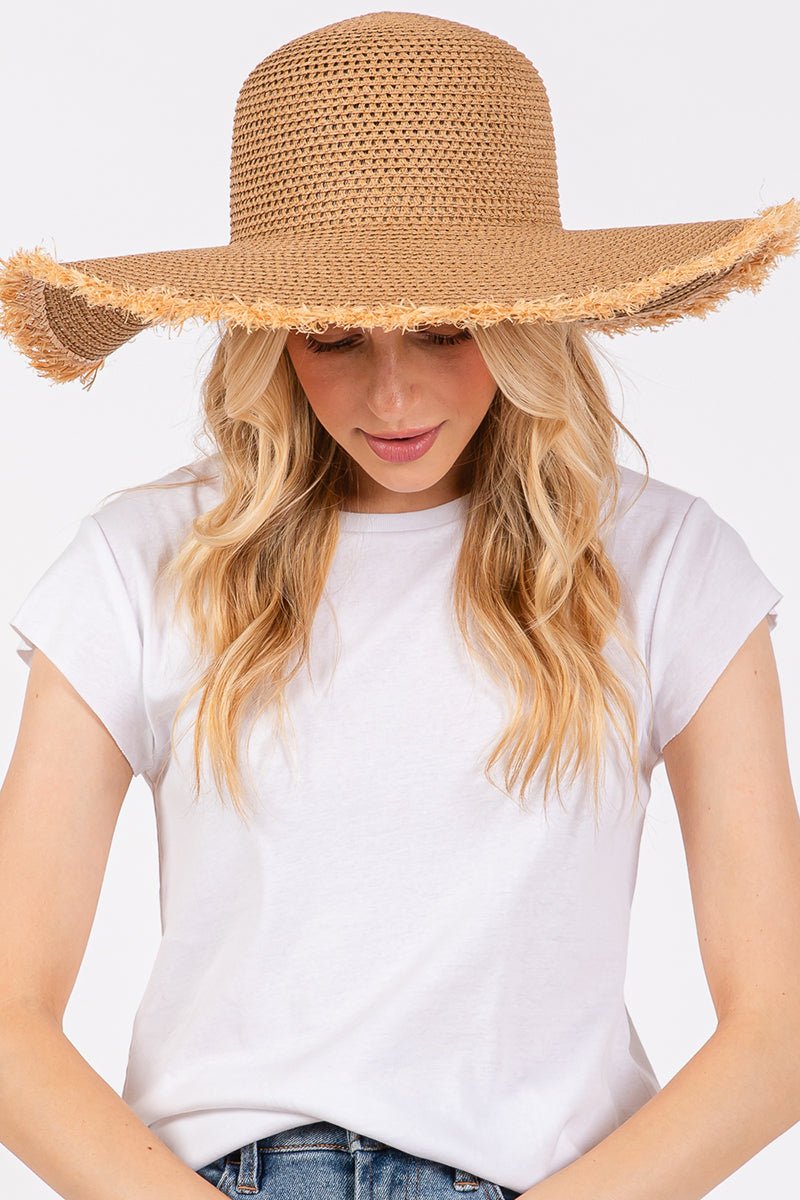 Sunchaser Taupe Frayed Straw Floppy Hat - Wholesale Accessory Market