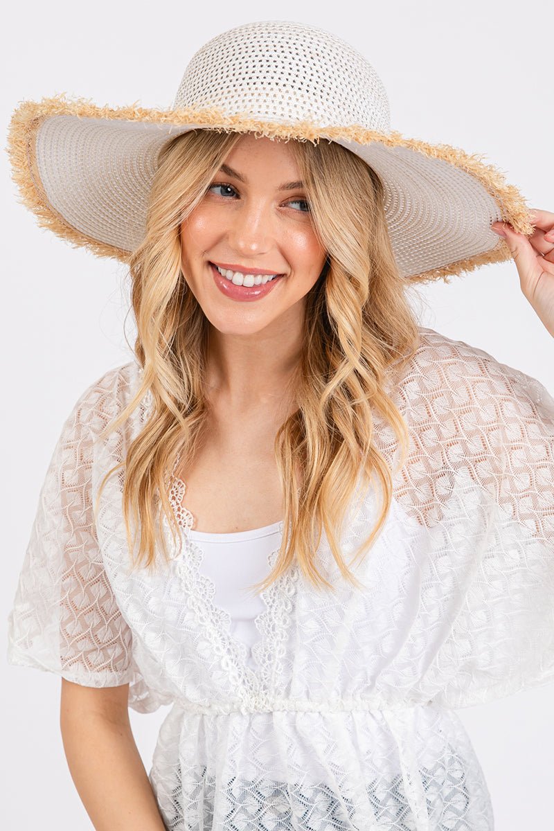 Sunchaser White Frayed Straw Floppy Hat - Wholesale Accessory Market