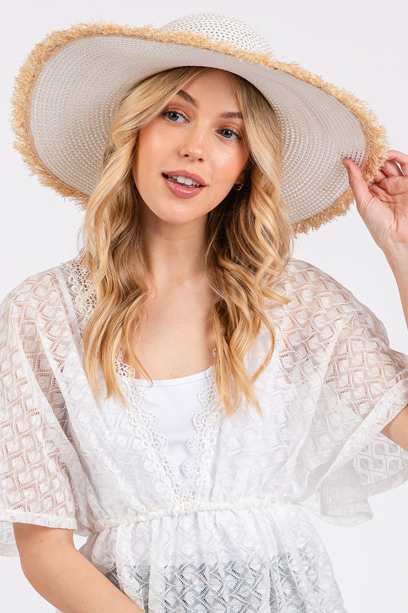 Sunchaser White Frayed Straw Floppy Hat - Wholesale Accessory Market