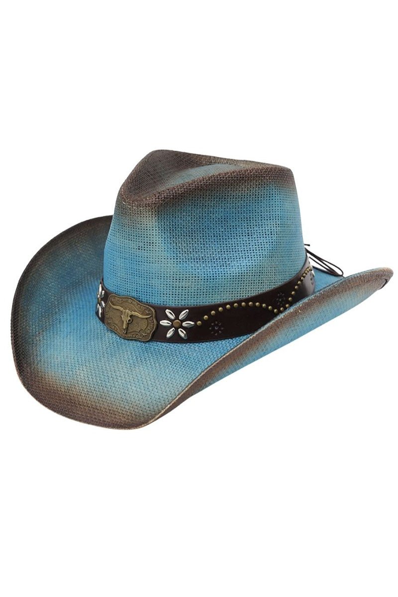 Lubbock Longhorn Dusty Blue Distressed Straw Cowgirl Hat - Wholesale Accessory Market