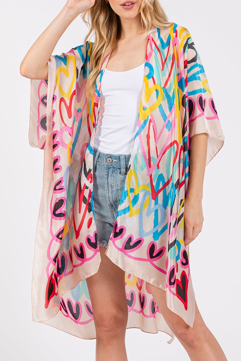 Colorful All Heart Silky Beige Kimono - Wholesale Accessory Market