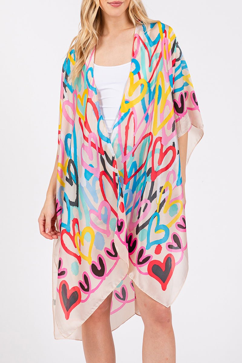 Colorful All Heart Silky Beige Kimono - Wholesale Accessory Market