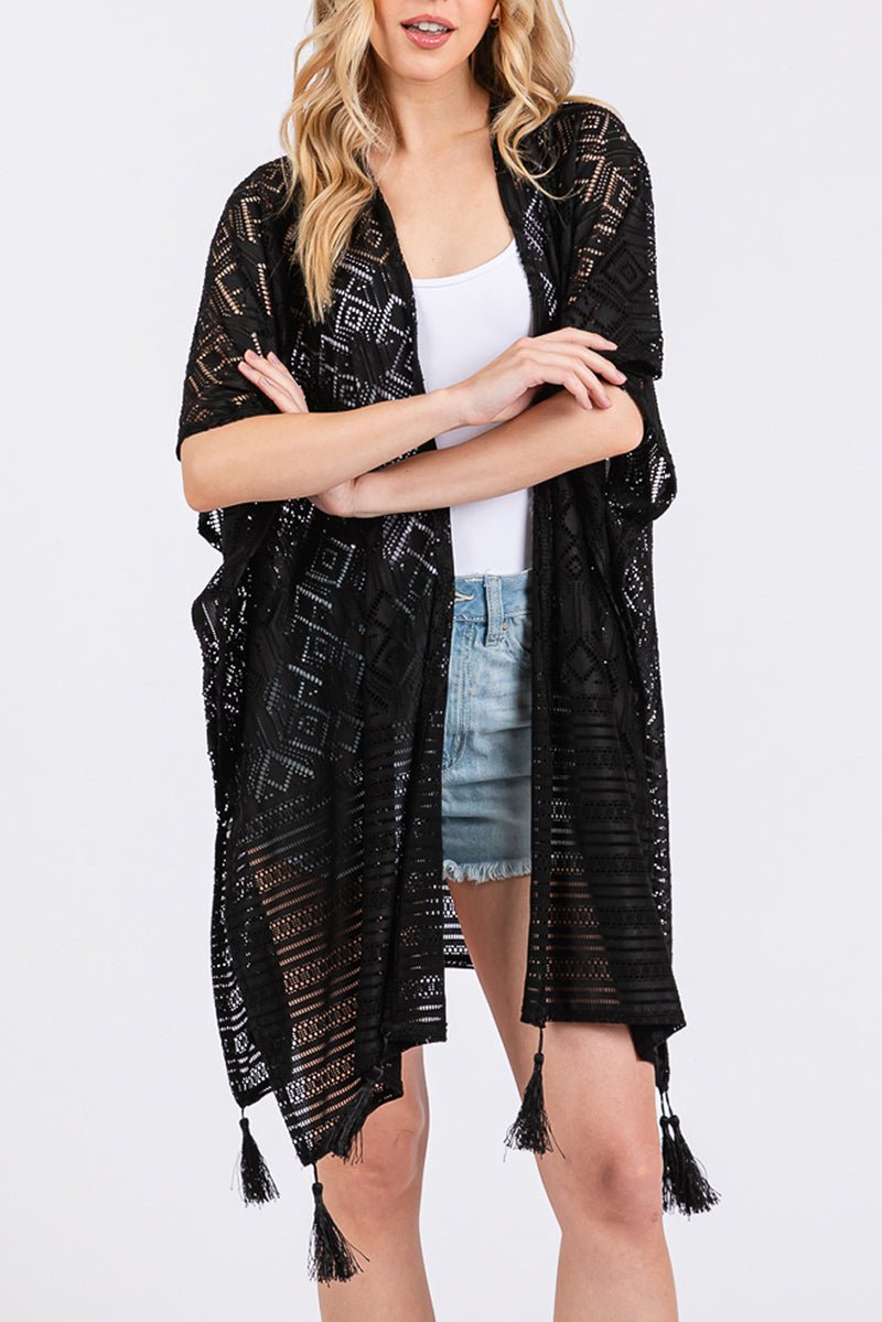 Sundaze Black Crochet & Tassel Kimono - Wholesale Accessory Market