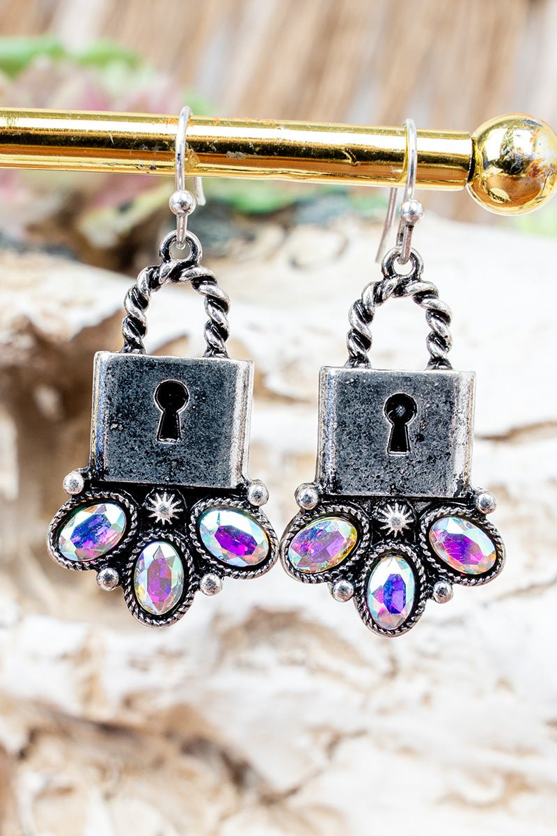 Iridescent Lock & Lasso Silvertone Earrings - Wholesale Accessory Market