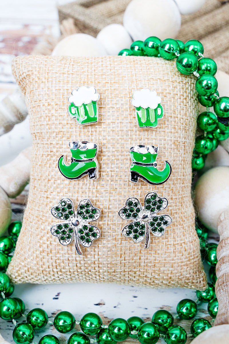 Lucky & Lit Green Stud Earrings 3 Pair Set - Wholesale Accessory Market