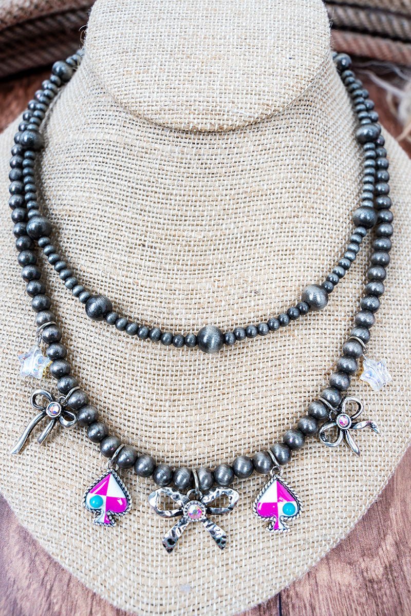 Pink Chance Encounters Layered Silver Pearl Charm Necklace - Wholesale Accessory Market