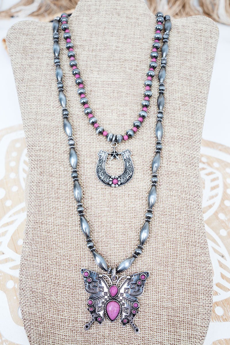 Pink Frontier Flutter Silver Pearl Layered Necklace - Wholesale Accessory Market